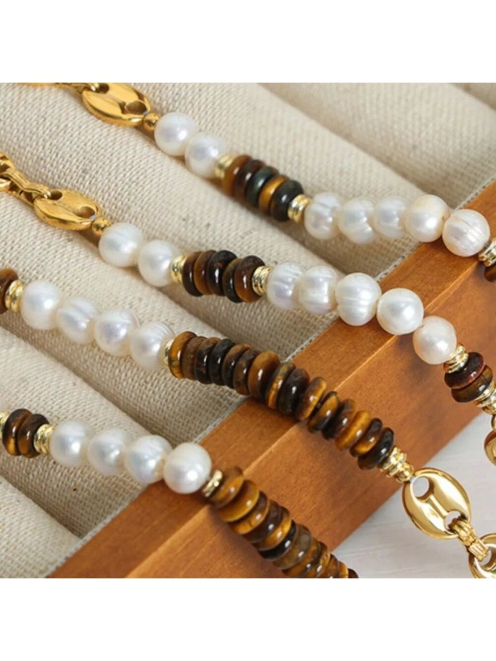 Real Freshwater Pearl Natural Tigers Eye 18K Gold-Plated Beaded Necklace Jewelry
